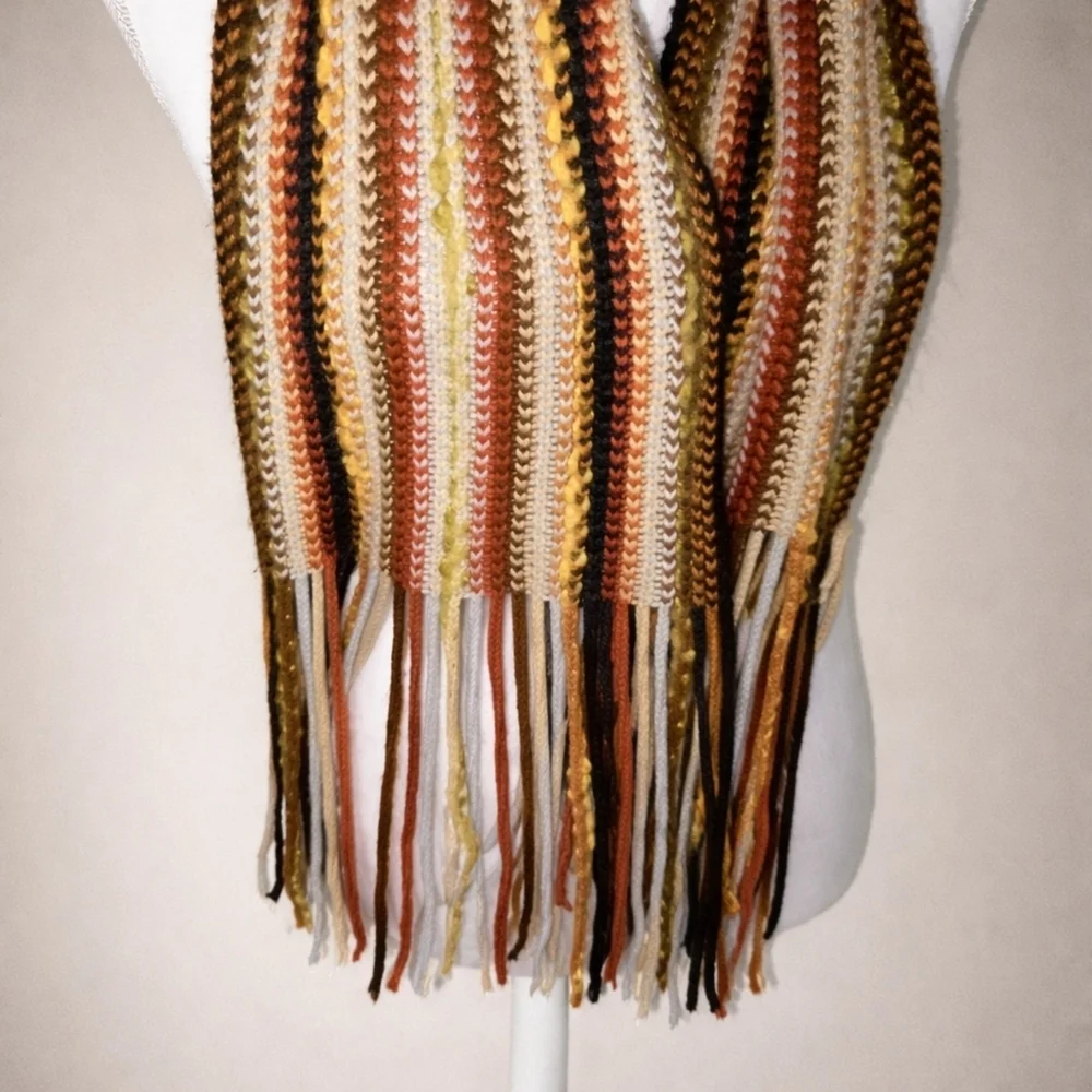 Echo Retro Boho Knit Scarf | Striped Woven Fringe | 60s Flower Child Vibe